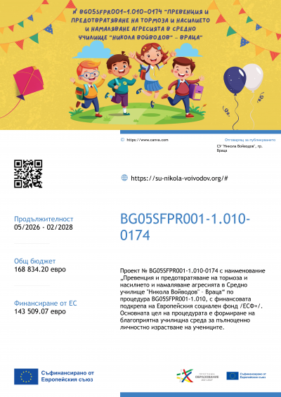 Превенция и предотвратяване на тормоза и насилието и намаляване агресията в Средно училище Никола Войводов 1