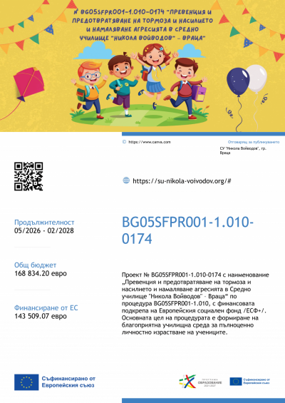 СТАРТИРА ПРОЕКТ ЗА ПРЕВЕНЦИЯ И ПРЕДОТВРАТЯВАНЕ НА ТОРМОЗА И НАСИЛИЕТО В СУ НИКОЛА ВОЙВОДОВ 1